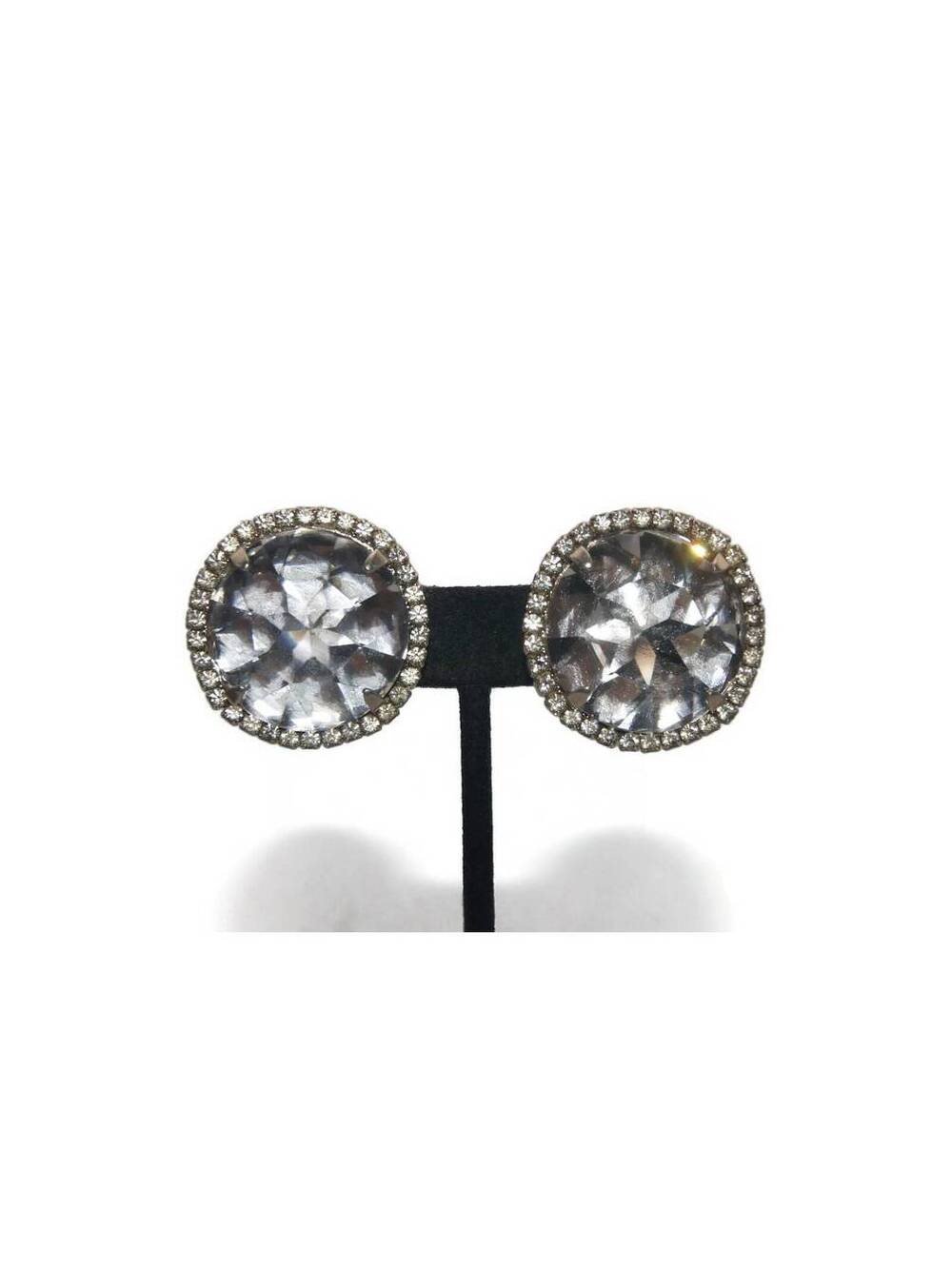 Vintage Silver Tone, Glass and Clear Rhinestones Round Clip on Earrings.